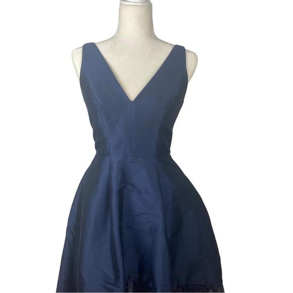 Monique Ihuiller high low gown dress navy blue elegant V neck lace detail US2 - Picture 4 of 15